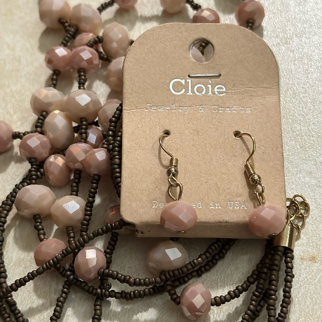 Pink Ab Faceted Beads With Bronze Seed Beads Necklace And Earrings Set